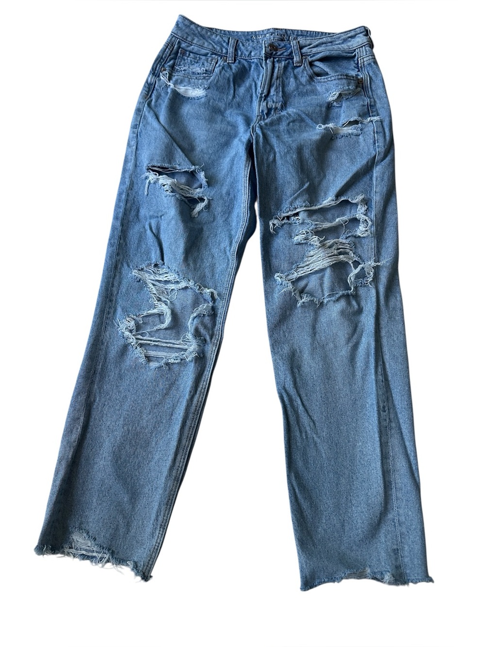American Eagle light-wash, heavily distressed mom jeans